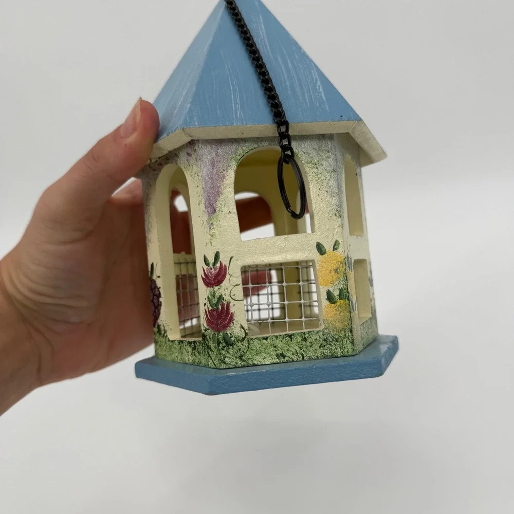 Hand Painted Wooden Birdhouse Blue Gazebo Floral Fruit Garden Decor 7.5 Inch